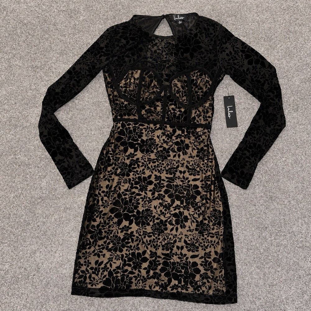 NWT Lulus Black Floral Burnout Velvet Corset Bodycon Mini Dress S - Picture 3 of 10